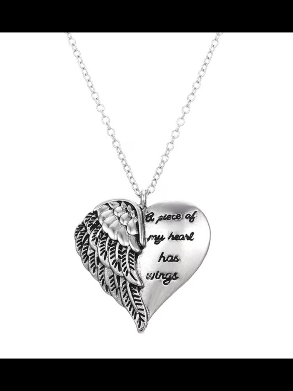 Silver Heart Pendant Necklace with Wing Detail - 'A Piece of My Heart Has Wings'